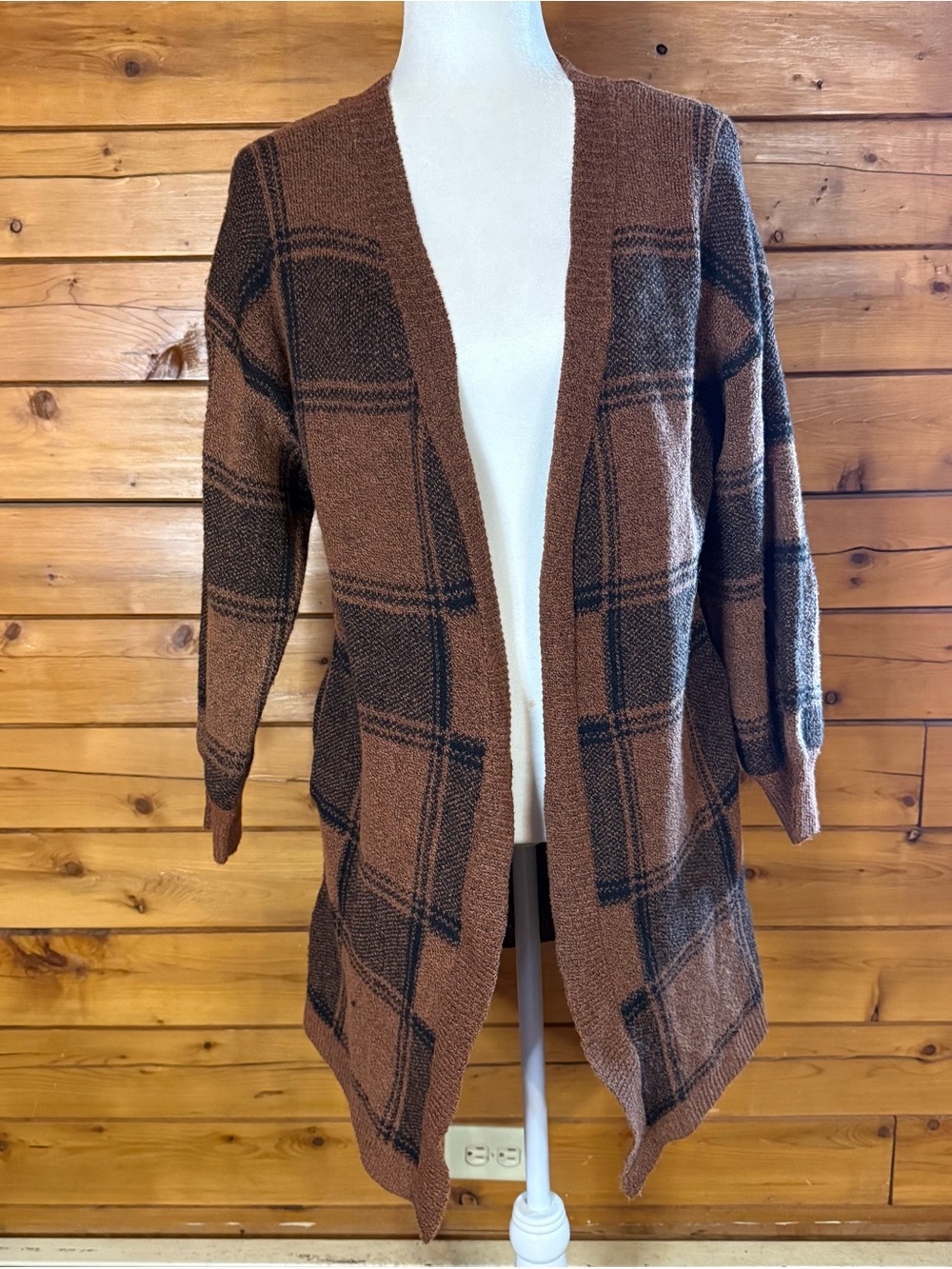 Time and Tru Brown Plaid Open-Front Cardigan